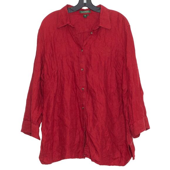 Lauren Ralph Lauren Top Linen Monogram Button Coastal Grandma Minimalist Red 2X - Picture 1 of 10